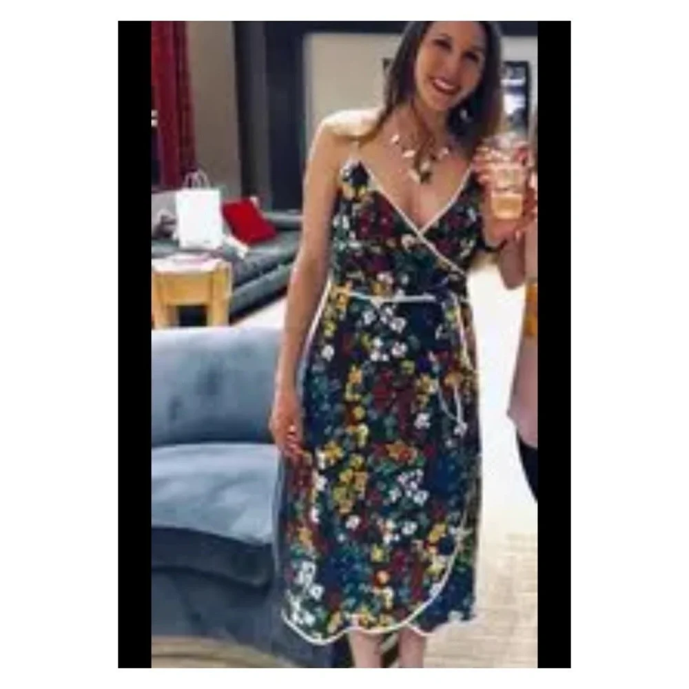 TORY BURCH Navy Blue Floral Grotto Midi Wrap Dress Size 8
